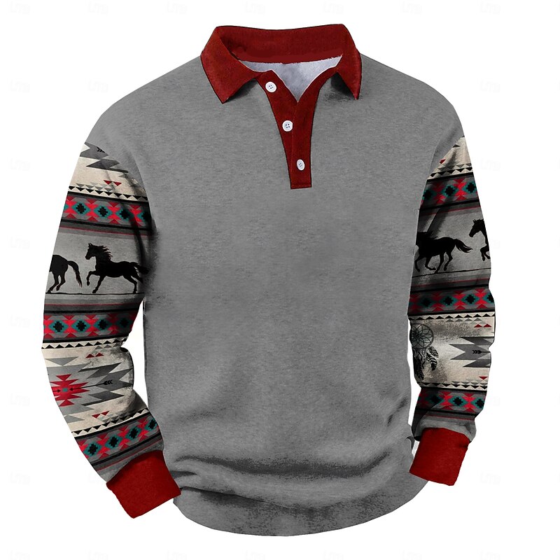 Men's Graphic Horse Flannel Polo Shirt Long Sleeve Polo Shirts Collared Shirts Casual Outdoor Dailywear Outdoor clothing 3D Print Yellow Red Gray