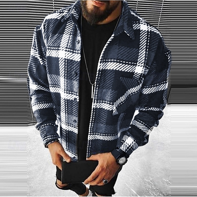 Men's Lattice Shirt Flannel Shirt Overshirt Long Sleeve Shirt Turndown Outdoor Street Black-White White gray Black+Red+Dark Grey Yellow Blue Clothing Apparel Fashion Casual Comfortable4