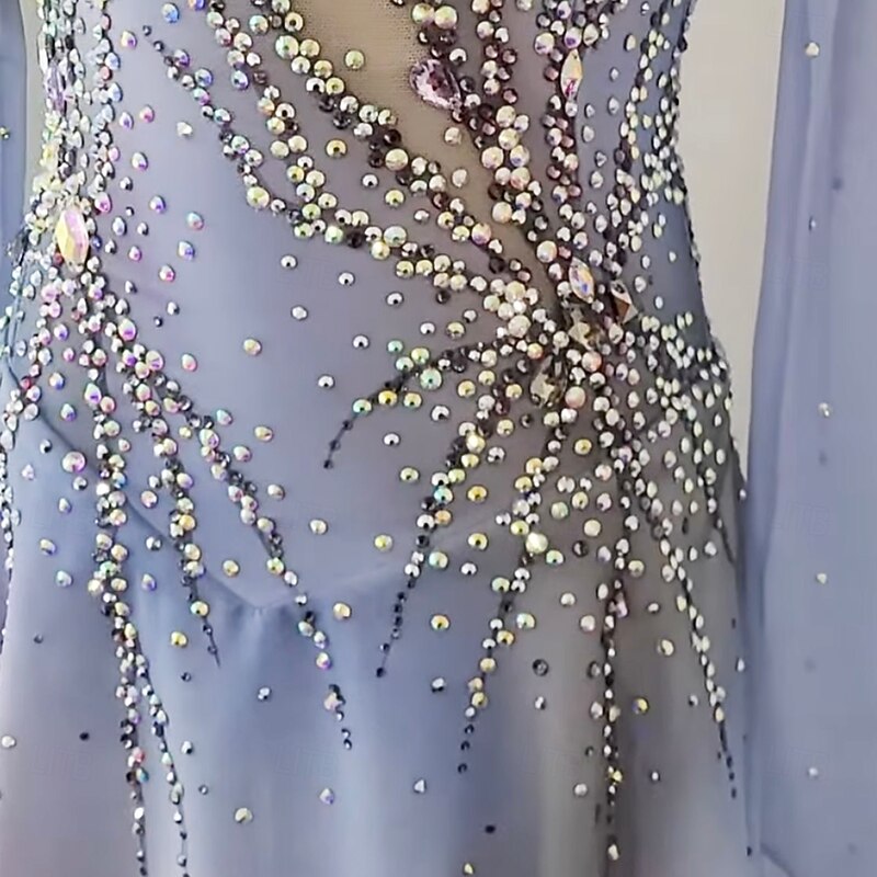 Figure Skating Dress Women's Girls' Ice Skating Dress Blue+Light Blue Thumbhole Halo Dyeing High Elasticity Professional Competition Skating Wear Thermal Warm Crystal / Rhinestone Long Sleeve Ice4