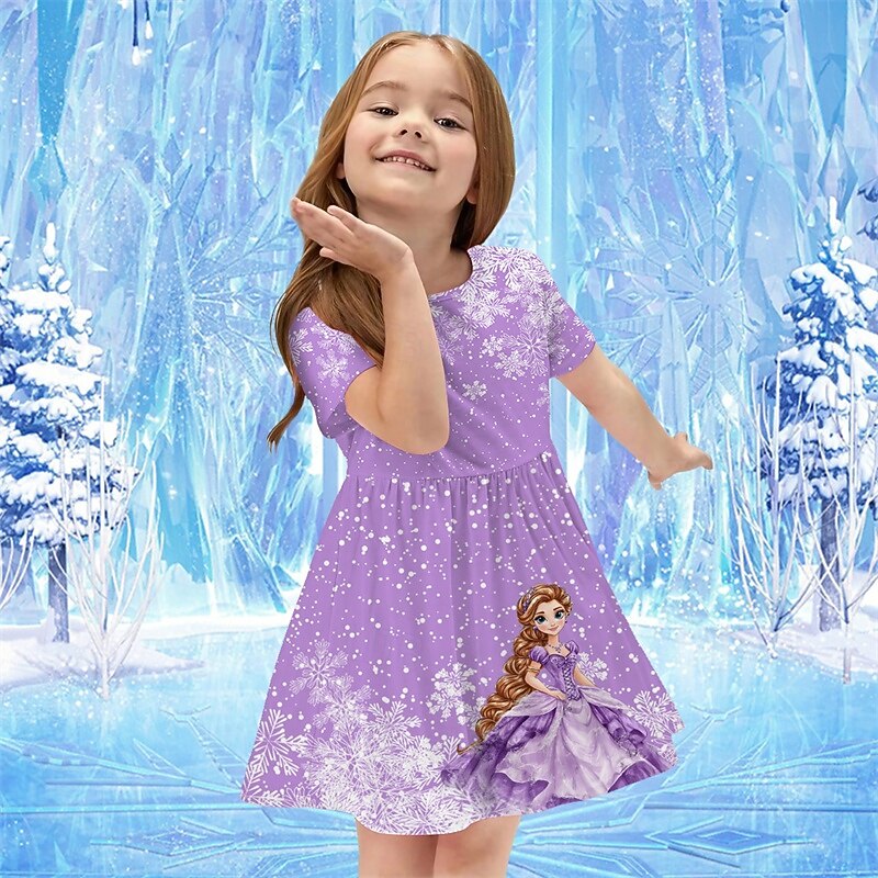 Girls' 3D Graphic Cartoon Dress Short Sleeve Summer Spring Vacation Daily Holiday Princess Beautiful Sweet Kids 4-12 Years Casual Dress A Line Dress Knee-length Regular Fit