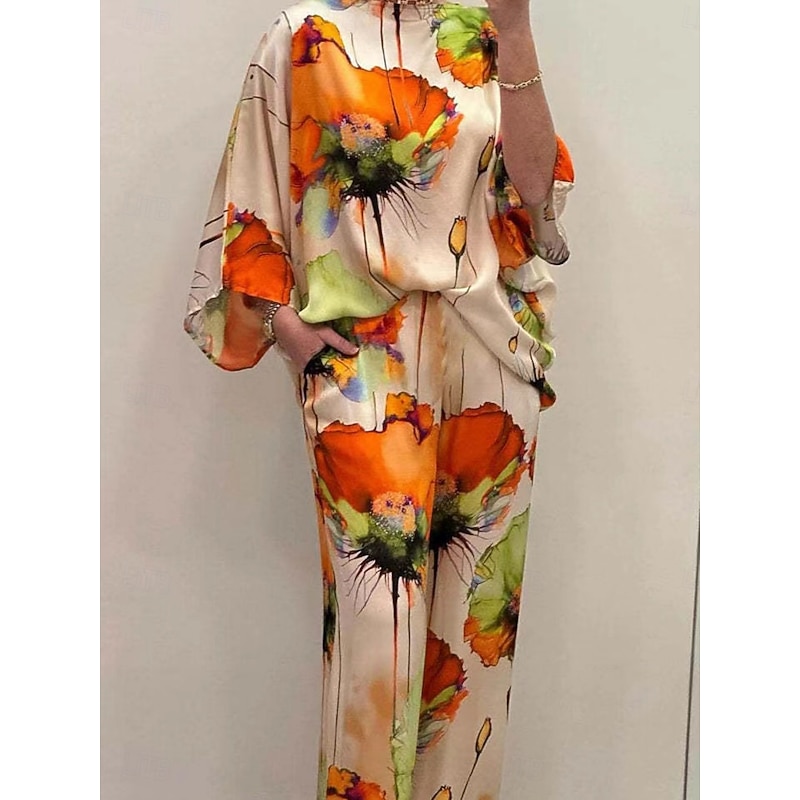 Women's Fashion Streetwear Daily Shirt Blouse Wide Leg Pants Long Sleeve Crew Neck Floral Print Casual Daily Black Orange Green Spring &  Fall Regular Fit