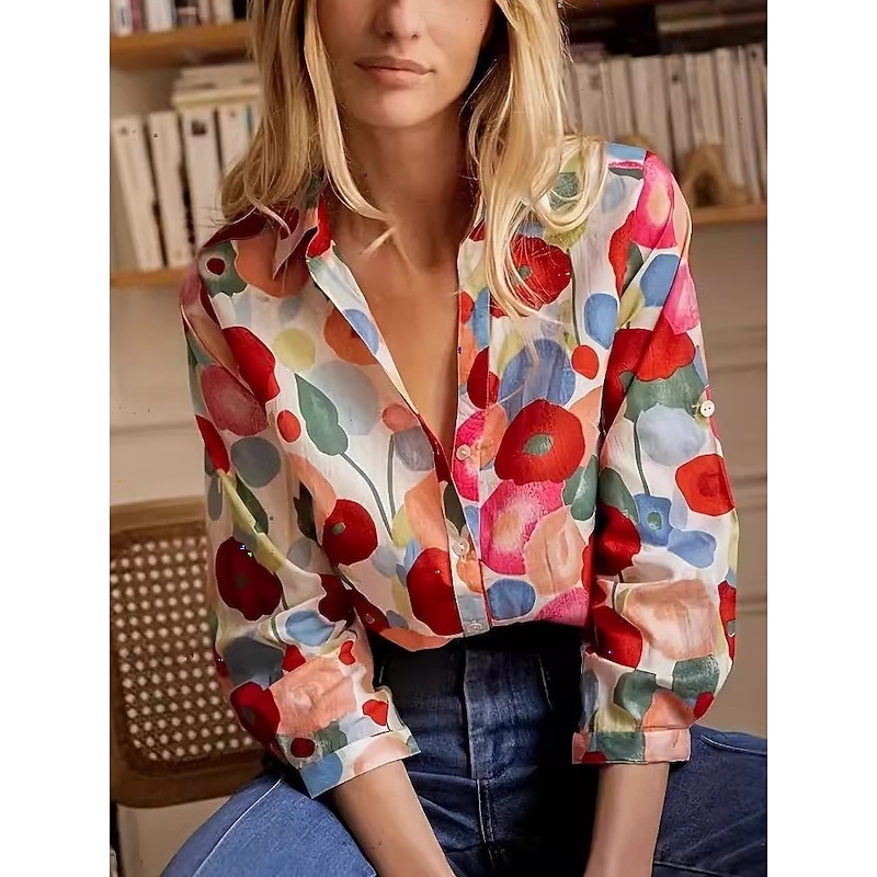 Women's Shirt Blouse Floral Graphic Elegant Stylish Casual Long Sleeve Shirt Collar Regular Tops Work Daily Holiday Buttons Red Summer Spring3