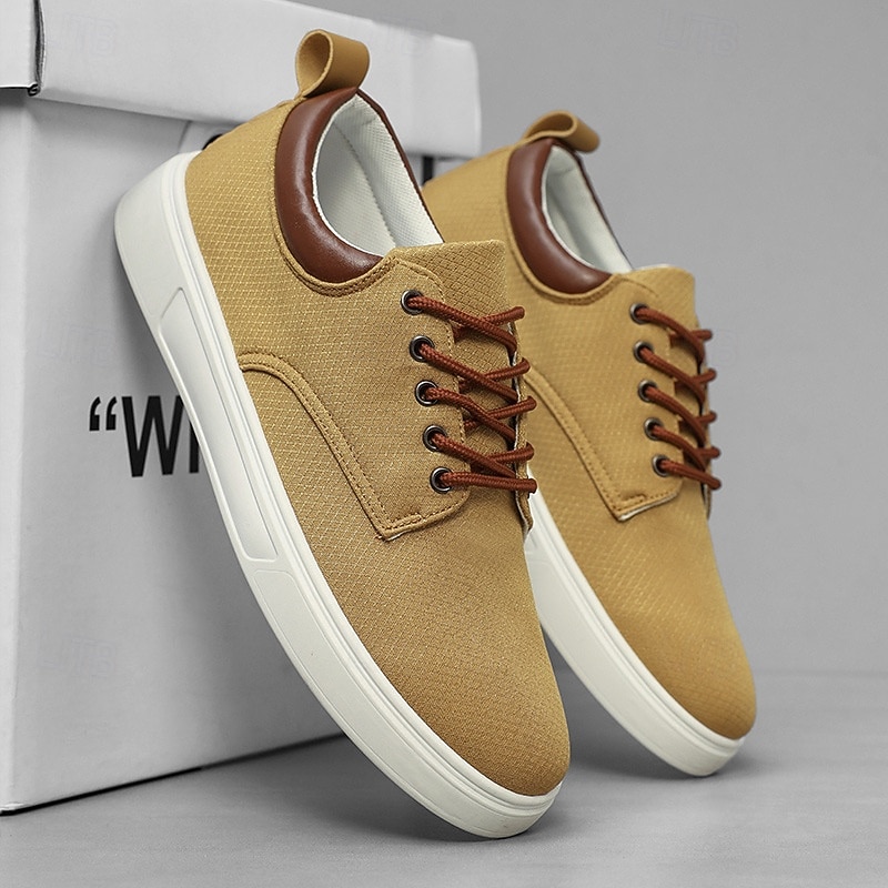 Men's Casual Lace-Up Canvas Sneakers – Lightweight Breathable Shoes with Leather Accents, Perfect for Everyday Wear and Outdoor Activities2