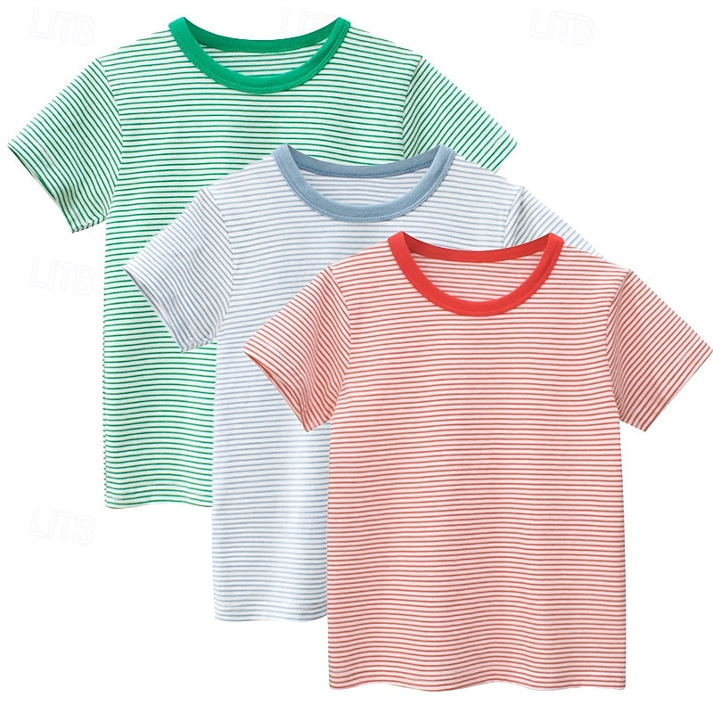 Multi Packs 3pcs Boys Crew Neck Short Sleeves T Shirt Tee Top Stripes Vacation Daily Wear 100% Cotton Spring & Summer