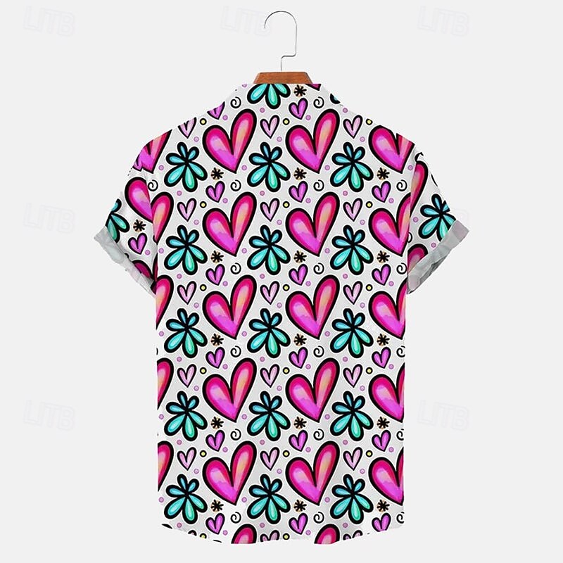 Valentine's Day Men's Heart Casual Shirt Button Up Shirt Short Sleeve Casual Party Causal Casual Summer Spring Turndown Button Up Pink3