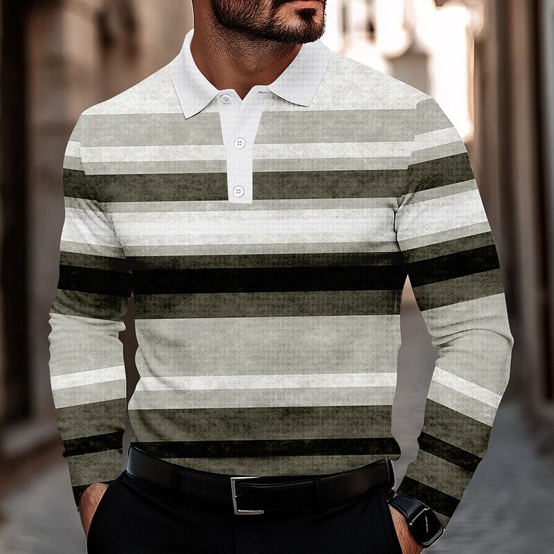 Men's Stripe Waffle Polo Shirts Golf Shirt Long Sleeve Polo Shirts Collared Shirts Casual Business Casual Party Evening Wear Dailywear Buttons 3D Print Spring Fall Winter Brown Light Blue Gray3