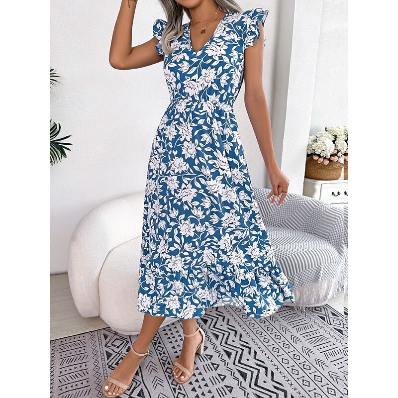 Women's Midi Dress Casual Dress A Line Dress Tank Dress Stylish Casual Vacation Daily Regular Fit Floral Sleeveless V Neck Light Green Dark Blue Summer Spring4