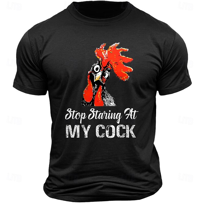 Men's Funny Graphic T-Shirt with "Stop Staring At My Cock" Rooster Pun Design Short Sleeve Tee4