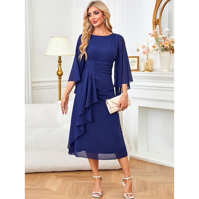 Women's A Line Dress Ruched Ruffle Half Sleeve Wedding Guest Cocktail Party Dark Blue3