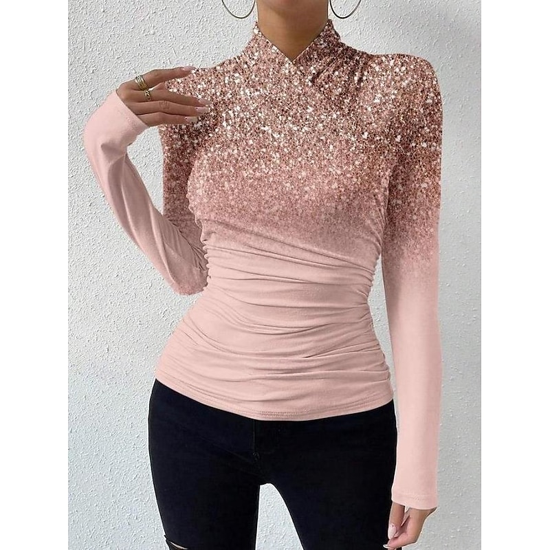 Women's T Shirt Ombre Casual Long Sleeve V Neck High Neck Regular Tops Vacation Daily Print Asymmetrical Silver Black Pink Spring &  Fall4