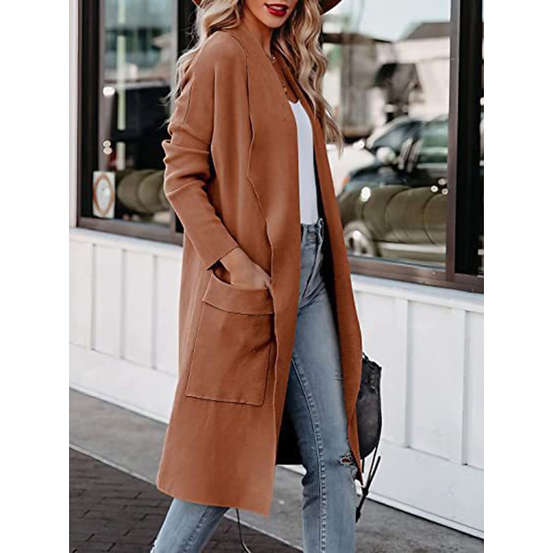 Women's Winter Coat Outdoor Street Daily Fall Winter Long Coat Regular Fit Warm Breathable Comtemporary Stylish Jacket Long Sleeve Solid Color with Pockets Blue Coffee Gray2