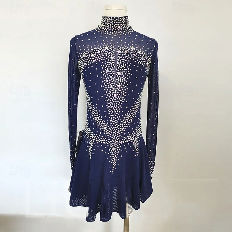 Figure Skating Dress Women's Girls' Ice Skating Dress Dark Navy High Elasticity Training Competition Skating Wear Classic Crystal / Rhinestone Long Sleeve Ice Skating Figure Skating