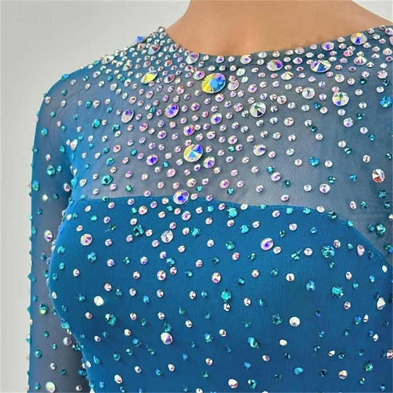 Figure Skating Dress Women's Girls' Ice Skating Dress Blue Open Back Asymmetric Hem Mesh High Elasticity Training Competition Skating Wear Classic Crystal / Rhinestone Long Sleeve Ice Skating Figure4