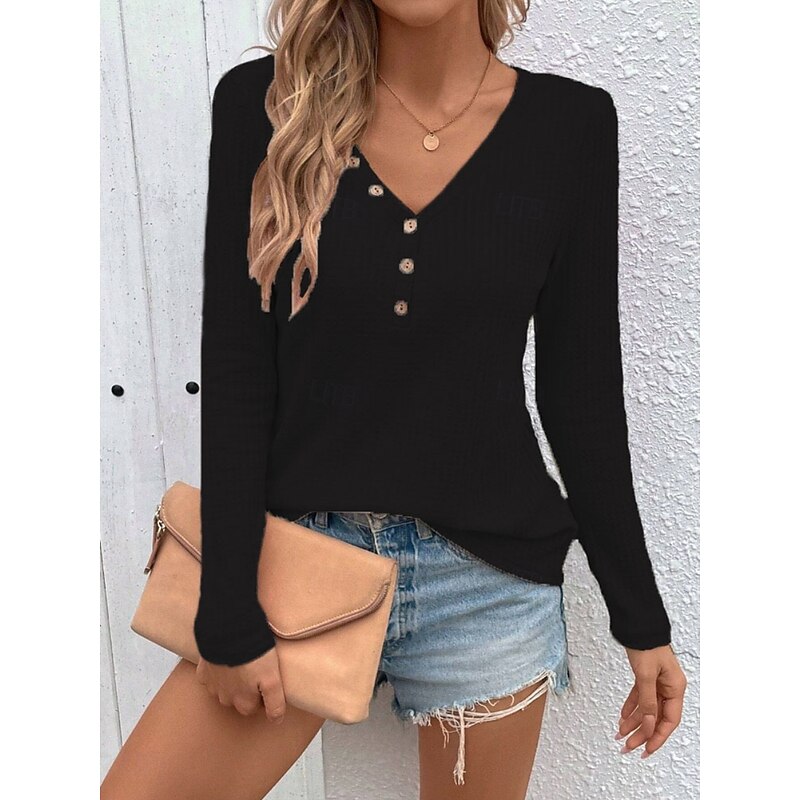Women's T Shirt Plain Fashion Modern Casual Long Sleeve V Neck Regular Tops Daily Weekend Buttons Black White Pink Spring Fall3