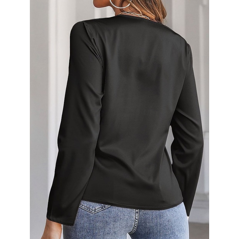 Women's Shirt Elegant Dressy Satin Solid Color Elegant Modern Casual Long Sleeve V Neck Regular Tops Wedding Guest Work Daily Twisted Knot Black White Summer Spring4