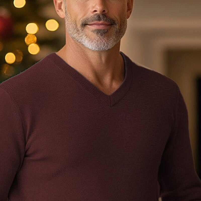 Men's Christmas Sweaters Dress Sweater Wool Sweater Pullover Sweater Jumper Ribbed Knit Regular Knitted Slim Fit Plain V Neck Modern Contemporary Christmas Xmas Clothing Apparel Winter Wine Black S M2