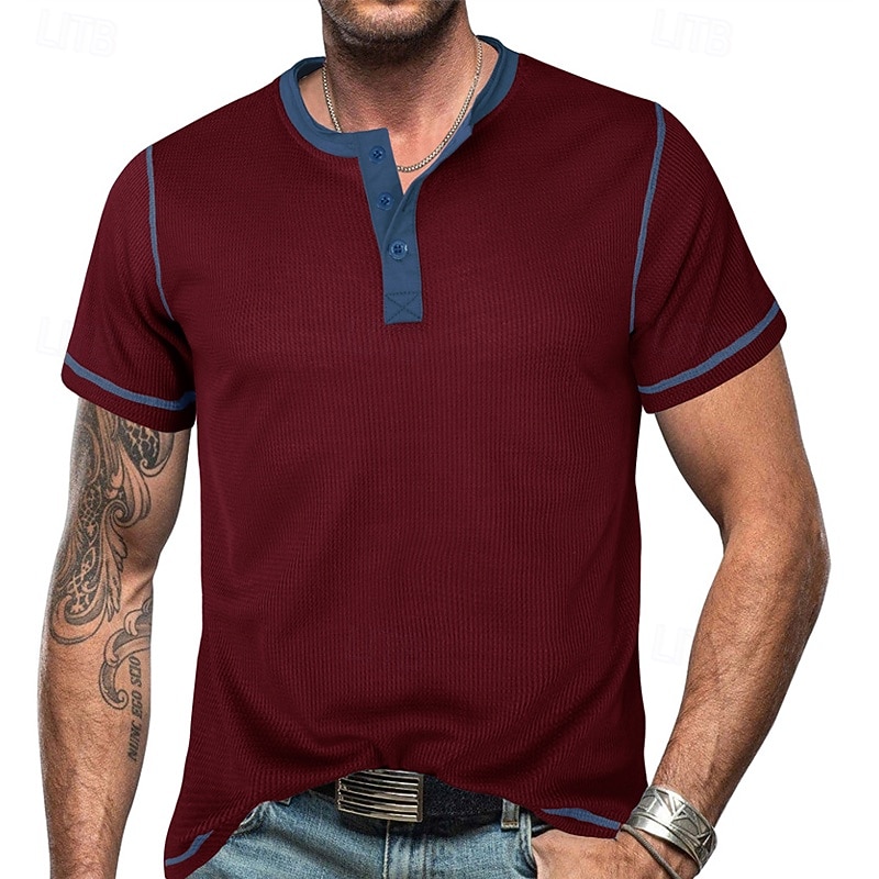 Men's Button T Shirt T Shirt Waffle Henley Shirt Henley Shirt Short Sleeve Henley Spring & Summer Color Block Fashion Designer Basic Patchwork Vacation Street Going out Wine Blue Army Green Top Tee4