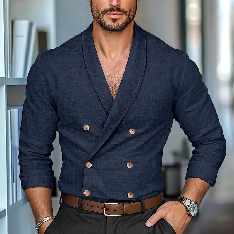 Men's Shirt Linen Shirt Summer Shirt Work Shirt Solid Color Formal Work White Navy Blue Khaki Long Sleeve Shawl Collar Spring &  Fall Cross-Seasons Clothing Apparel Buttons