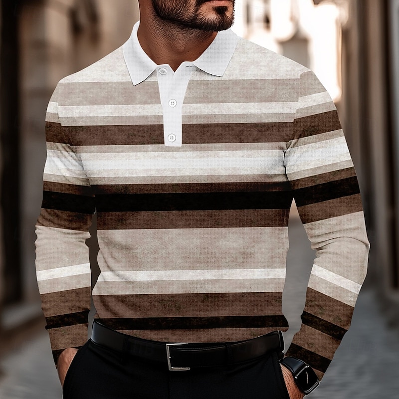 Men's Stripe Waffle Polo Shirts Golf Shirt Long Sleeve Polo Shirts Collared Shirts Casual Business Casual Party Evening Wear Dailywear Buttons 3D Print Spring Fall Winter Brown Light Blue Gray2