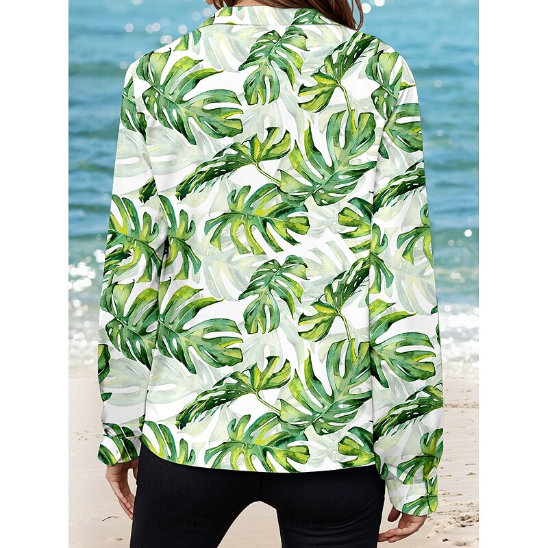 Women's Shirt Button Down Tunic Shirt Collar Long Sleeve Hawaiian Casual Leaf Regular Tops s Print Regular Fit Work Daily Green Holiday Clothes Beach Wear2