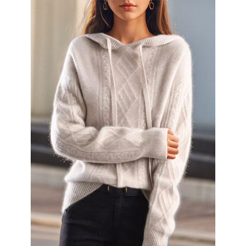 Women's Sweater Casual Soft Pure Color Cable Hooded Knitted Long Sleeve Regular Tops Knit Outdoor Daily Weekend Camel Brown Fall Winter4