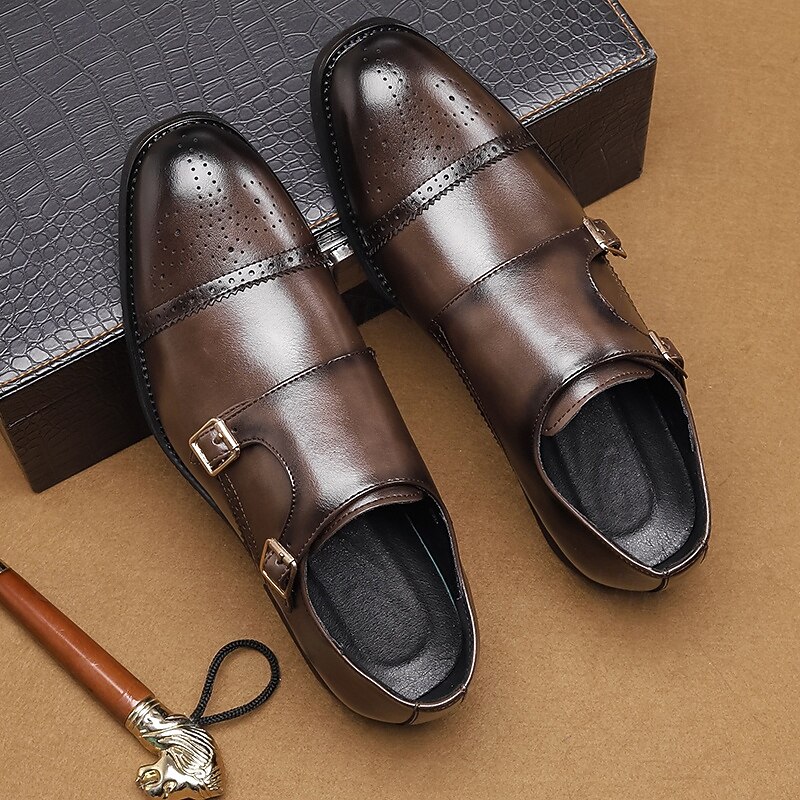 Men's Brown Faux Leather Double Monk Strap Dress Shoes with Brogue Detailing, Classic Style for Wedding, Formal and Business Wear4
