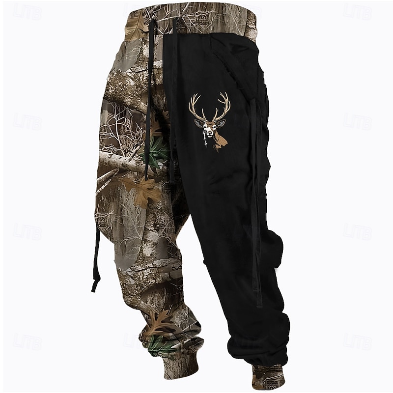Men's Camouflage Hunting Deer Sweatpants Trousers Mid Waist Drawstring Elastic Waist Active Vintage Casual Outdoor Streetwear with Pockets Spring Fall 3D Print Black Blue Brown