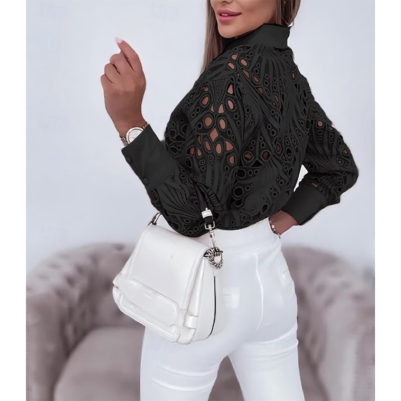 Blouse Women's Black White Dusty Rose Hollow Solid / Plain Color Hole Daily Elegant Lace V Neck S4