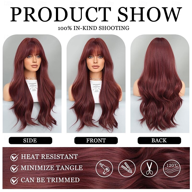 Long Wavy Wine Red Wig with Bang Burgundy Hair Synthetic Heat Resistant Wig Natural Maroon Dark Red Hair Heat Resistant Wigs for Women Daily Party Use4