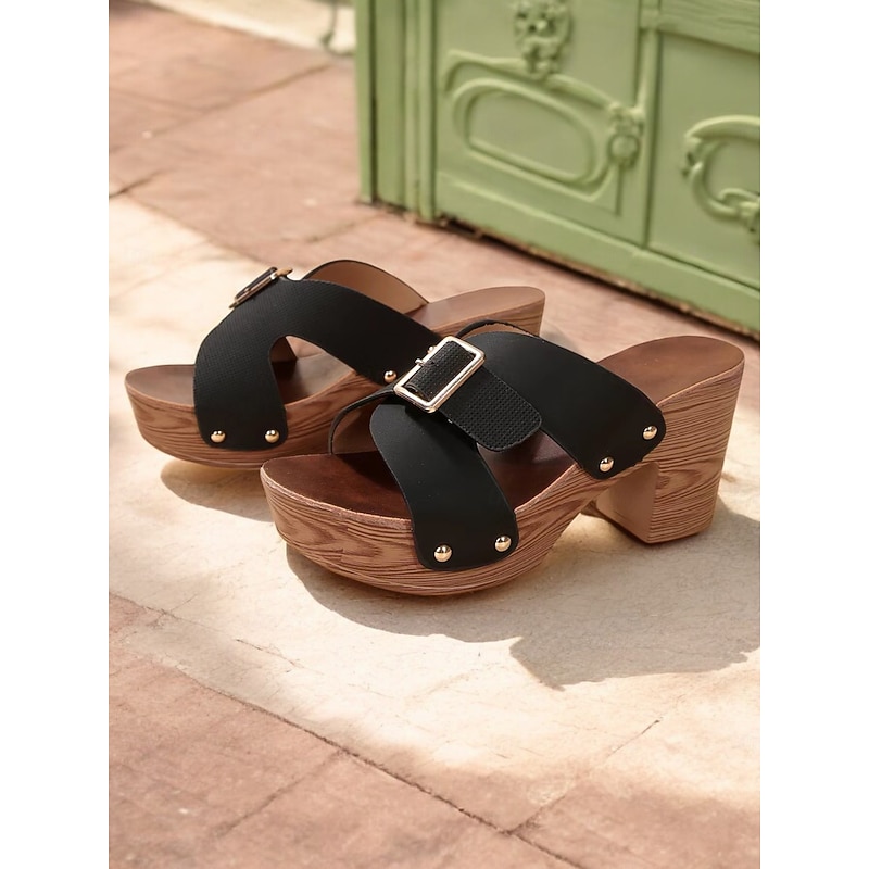 Women's Black Platform Slide Sandals with Buckle Detail and Wood-Grain Block Heels, Stylish Summer Shoes for Casual and Party Wear3