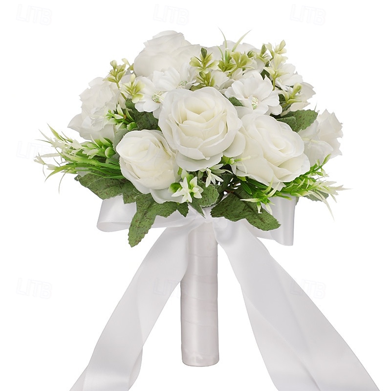 Wedding Bouquets for Bride, Artificial Silk Flower White Faux Plastic Bridal Bouquet, Decorative Floral Arrangement for Wedding Photography Props4