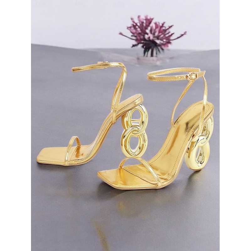 Women's Black Ankle Strap Sandals with Statement Gold Chain Heels – Modern Luxury High Heels for Parties and Formal Events4