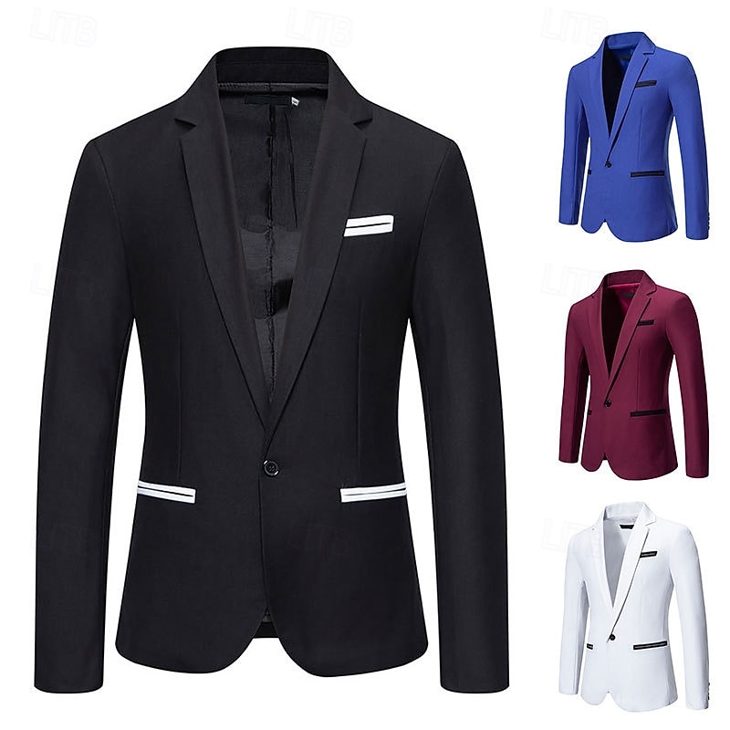 Men's Blazer Business Cocktail Party Wedding Party Fashion Casual Spring &  Fall Cotton Blend Color Block Patchwork Pocket Comfortable Single Breasted Blazer Black White Burgundy Blue