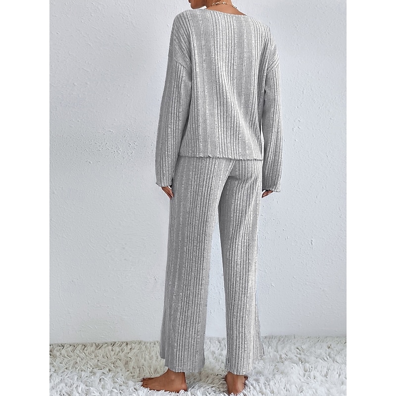 Women's Pajama Set Casual Comfort Pure Color Elastic Waist T Shirt Pant Home Daily Long Sleeve V Neck Black Light Grey Beige Spring Fall Winter Regular Fit2