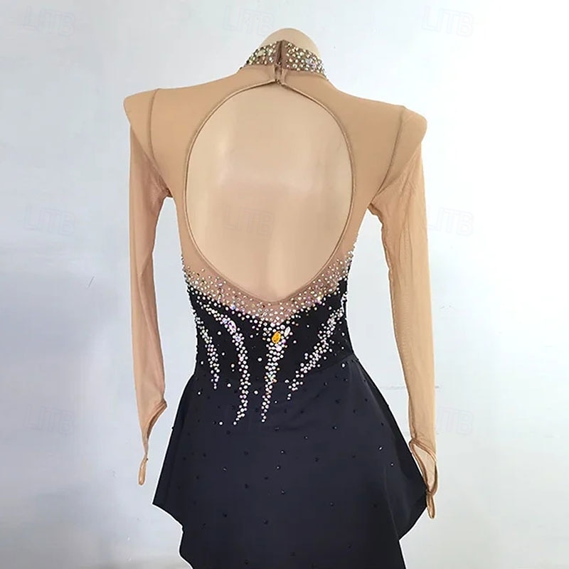 Figure Skating Dress Women's Girls' Ice Skating Dress Black High Elasticity Training Competition Skating Wear Classic Crystal / Rhinestone Long Sleeve Ice Skating Figure Skating3