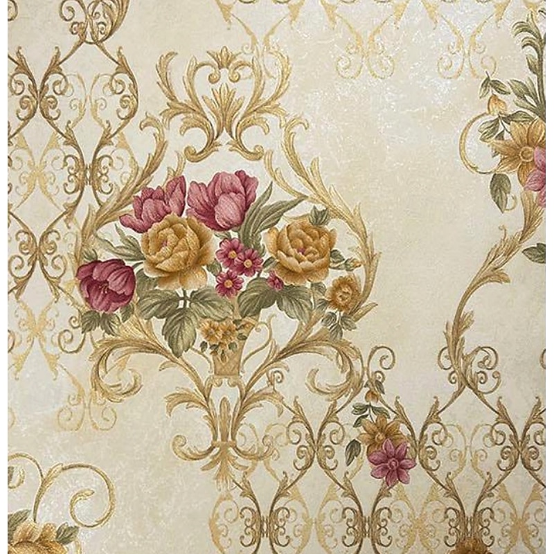 1 Roll 3D European Damask Non Self-adhesive Wallpaper Embossed Bedroom Headboard Living Room Background Wall Decoration Waterproof Wallpaper 950x53cm/374x20.87inch4
