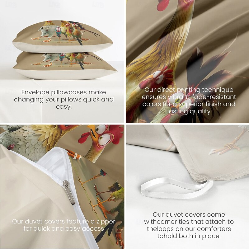 Duvet Cover Set with Funny Rooster Print, 100% Cotton, Soft and Breathable Fabric, Includes Duvet Cover and Pillowcases, Hypoallergenic and Skin-Friendly, Machine Washable, Durable, Comfortable4