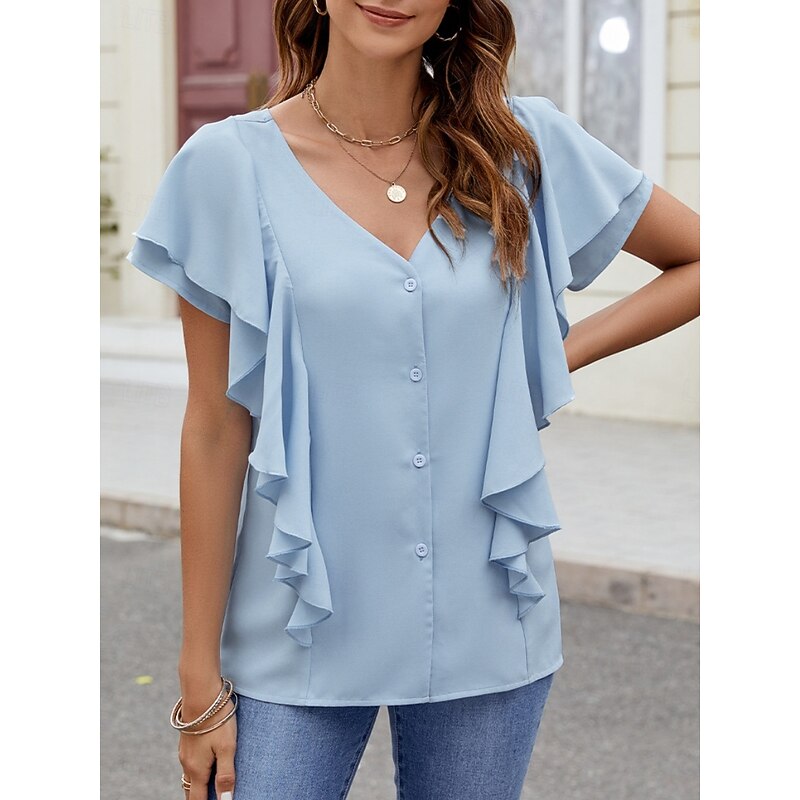Women's Shirt Blouse Solid Color Basic Casual Short Sleeve V Neck Regular Tops Daily Ruffle Buttons Black Blue Fuchsia Summer Spring Fall3