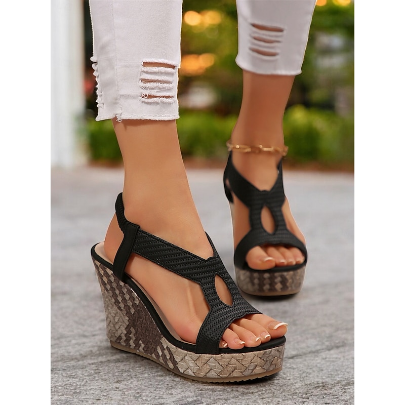 Women's Black T-Strap Wedge Sandals with Textured Pattern and Open-Toe Design, Stylish Summer Shoes for Casual and Beach Wear3