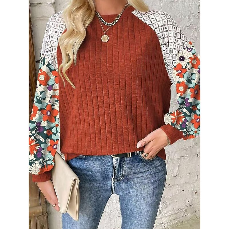 Women's Shirt Blouse Floral Stylish Casual Long Sleeve Crew Neck Regular Tops Daily Patchwork Print Red Green Summer Spring Fall3