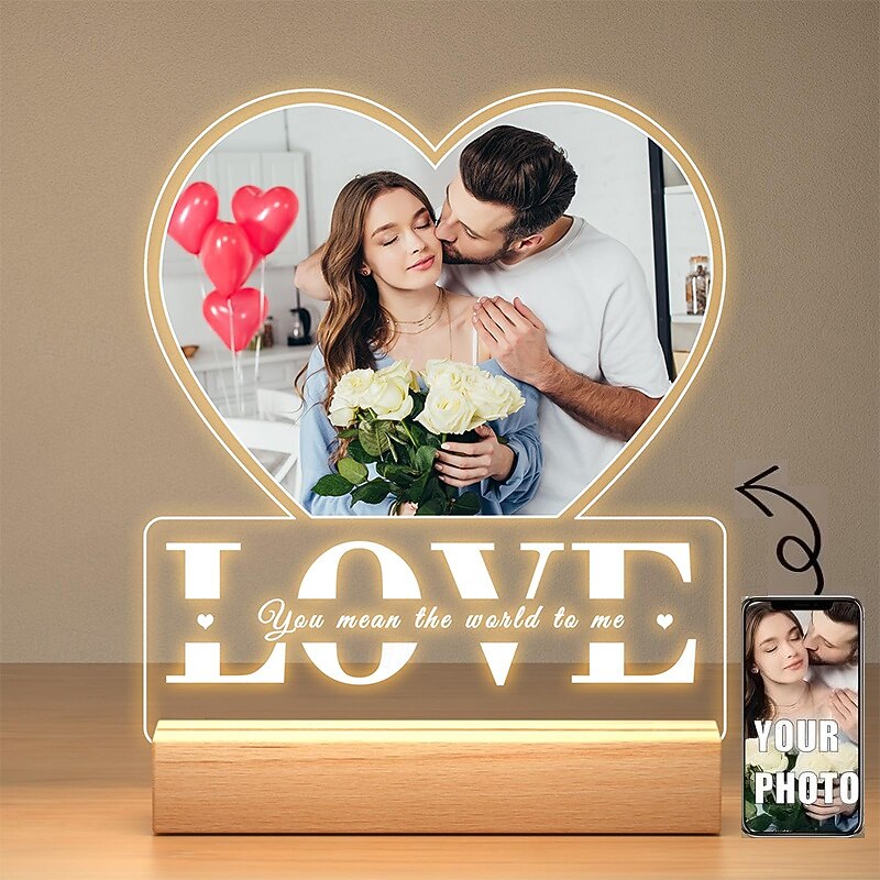 Personalized Light Up Photo Frame Custom Wedding Acrylic Night Light Love Heart Shaped USB Powered Perfect for Wedding Valentine's Day Lovers Anniversary Gifts Birthday Boyfriends and Girlfriends