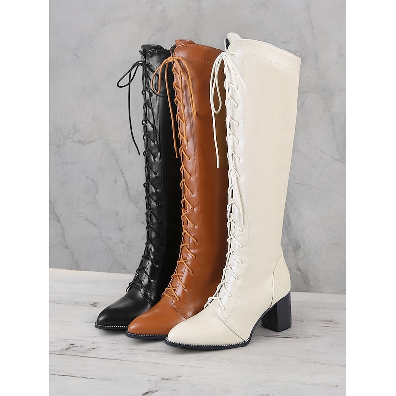 Women's Stylish Brown Faux Leather Lace-Up Boots with Block Heel | Perfect for Fall and Winter