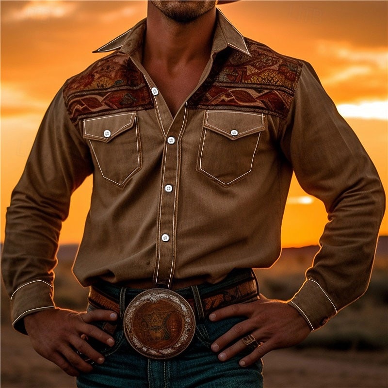 Men's Tribal Bandana Print Shirt Western Shirt Long Sleeve Shirt Turndown Vintage Outdoor Street Casual Daily Pink Red Blue S M L