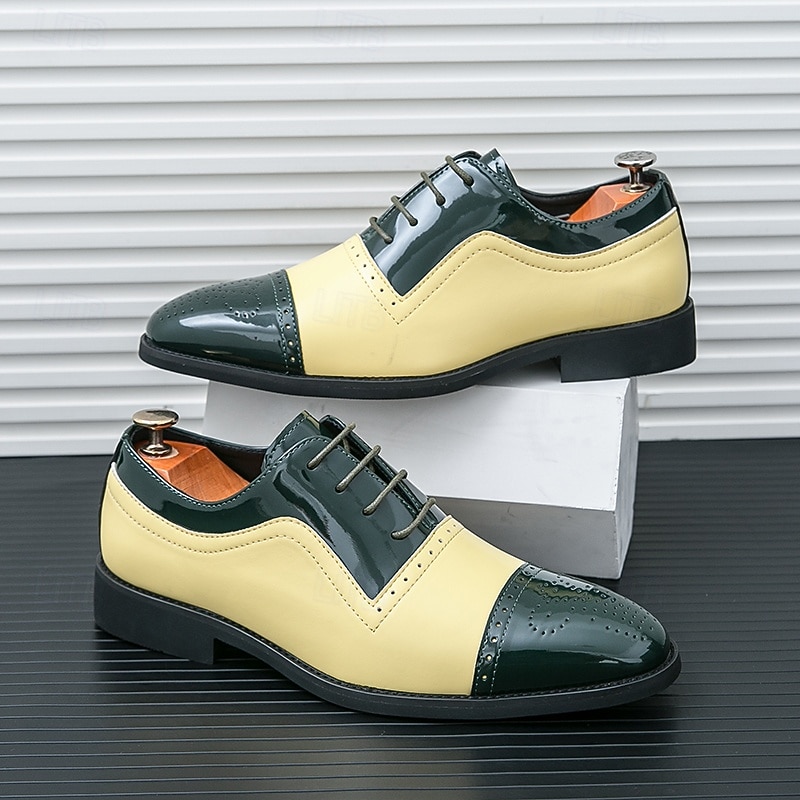 Men's Two-Tone Patent Leather Oxford Shoes, Green and Beige Brogue Dress Shoes for Weddings, Parties and Formal Events4