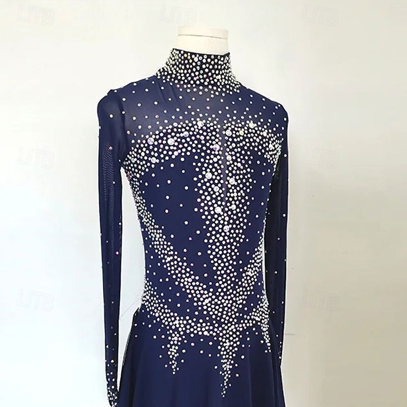 Figure Skating Dress Women's Girls' Ice Skating Dress Dark Navy High Elasticity Training Competition Skating Wear Classic Crystal / Rhinestone Long Sleeve Ice Skating Figure Skating2
