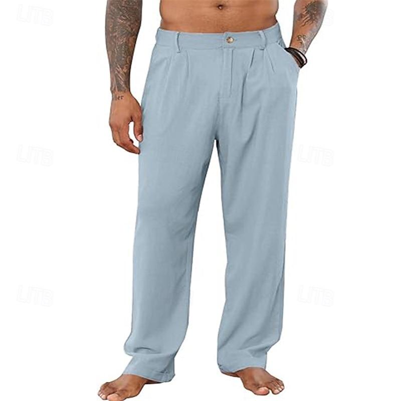 Men's Linen Pants Trousers Summer Pants Pleated Pants Buttons Straight Leg Plain Comfort Breathable Full Length Office Casual Daily Fashion Classic Style Black White