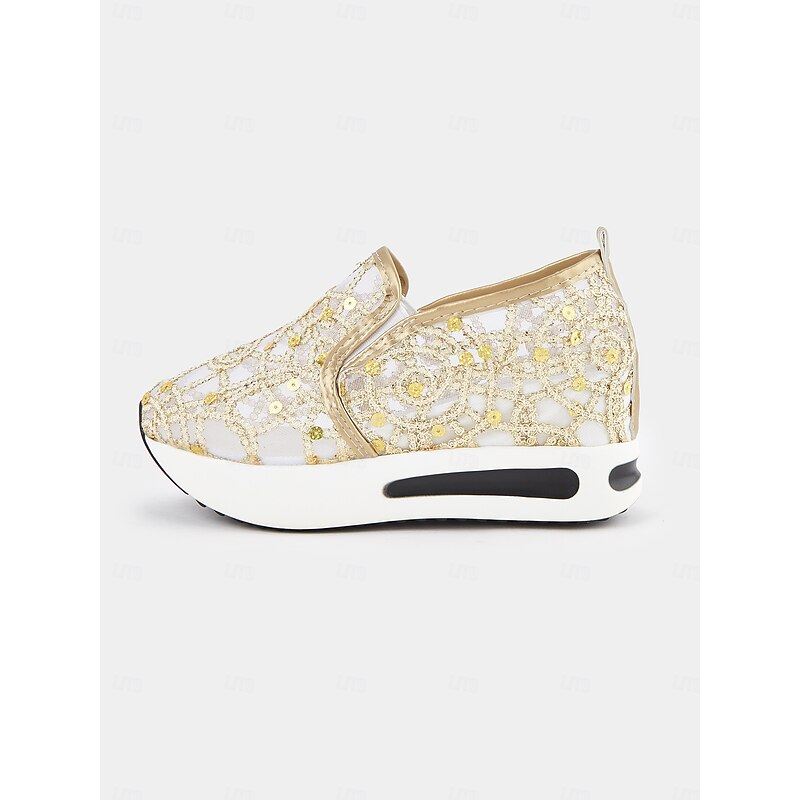 Gold Sequined Mesh Slip-On Sneakers with Air Cushion Sole - Women's Comfortable Wedding or Party Shoes3