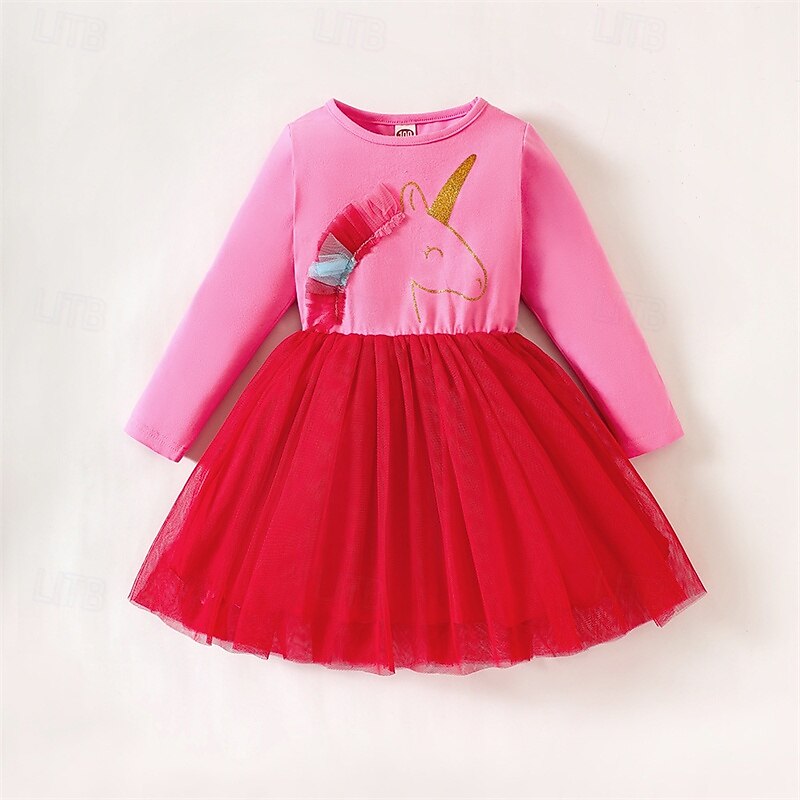 Kids Girls' Dress Unicorn Long Sleeve Outdoor Casual Patchwork Fashion Adorable Polyester Above Knee Casual Dress A Line Dress Tulle Dress Summer Spring 4 years+ Pink Purple Rose Red3