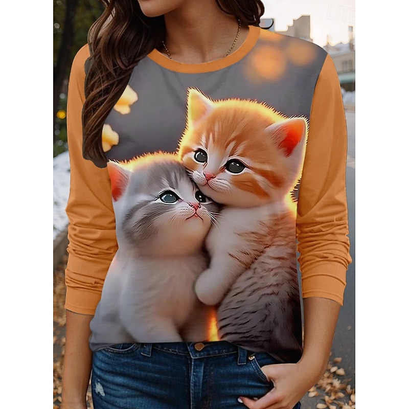 Women's T shirt Crew Neck Long Sleeve Tunic Cat Casual  Regular Tops Valentine's Day Daily Print Orange Spring Fall