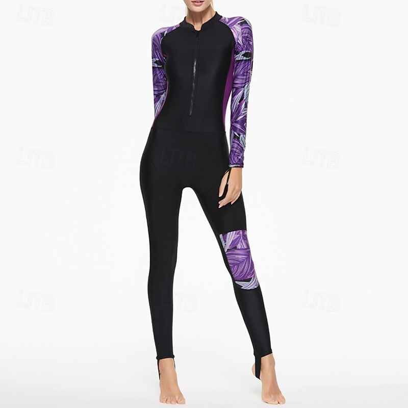 Women's Rash Guard One Piece Swimsuit Lightweight Long Sleeve Bodysuit Bathing Suit Removable Pad Front Zip Swimming Surfing Beach Water Sports Floral Patchwork Printed Summer Spring Autumn3